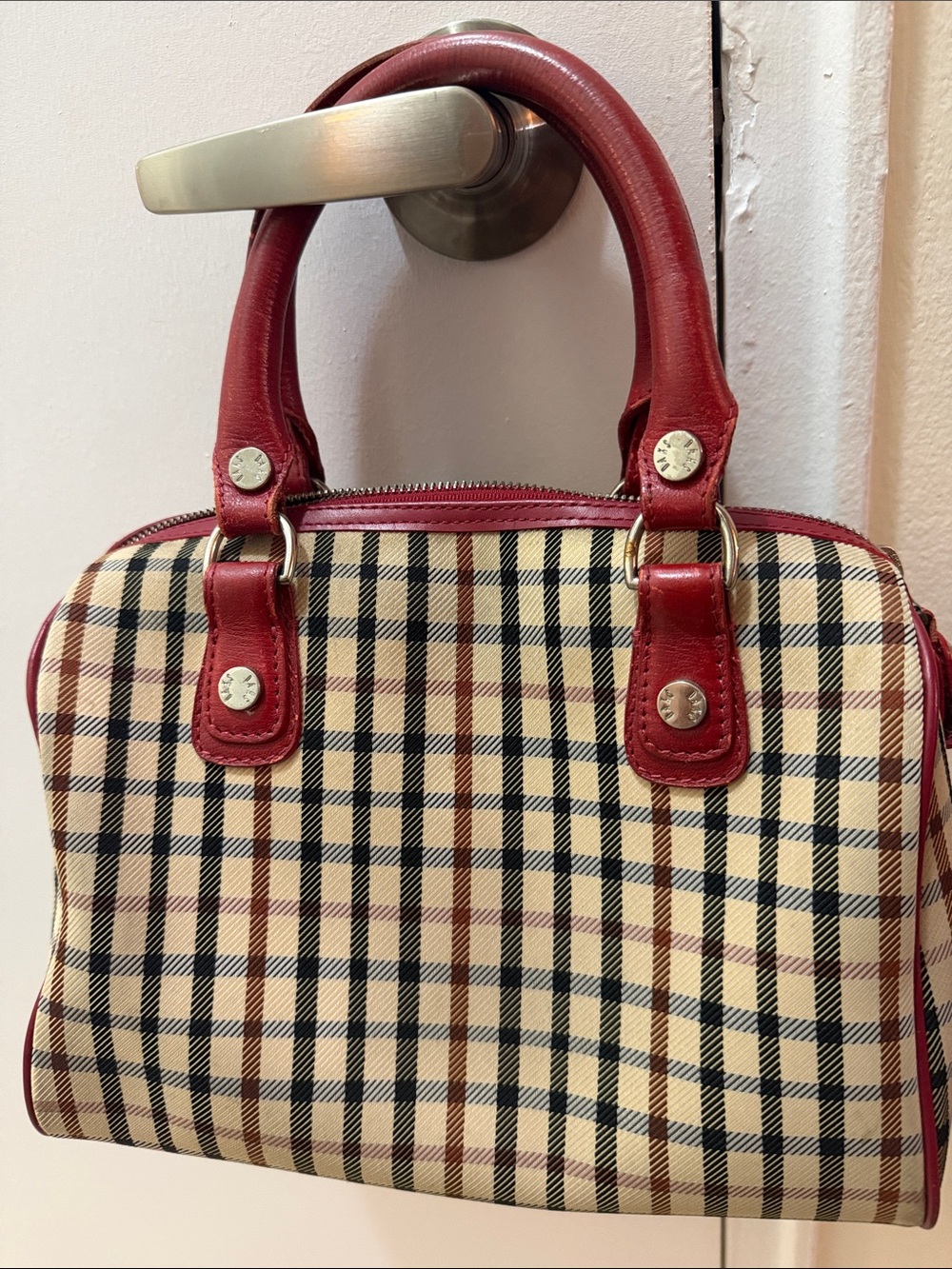 Women’s Plaid Satchel Bag with Red Trim
